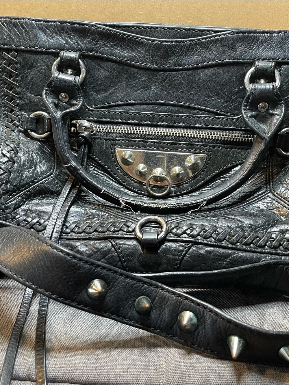 Black Studded Women's Shoulder Bag with Woven Detail
